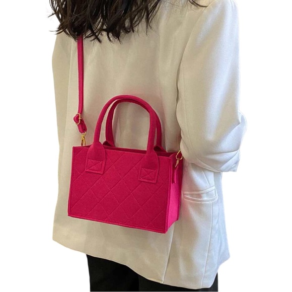 Neon Pink Felt Quilted Square Mini Crossbody Shoulder Bag Purse - Picture 6 of 8